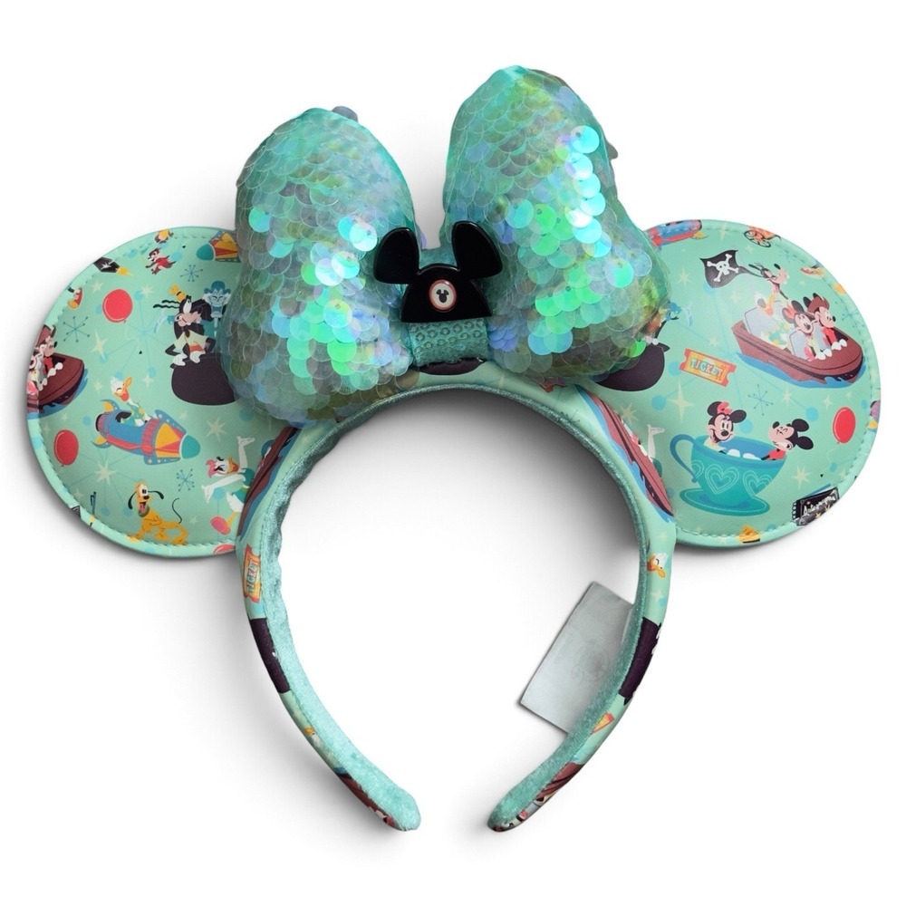 Disney Parks Minnie Mouse Play In The Park Ears Headband Teal Sequin Bow READ